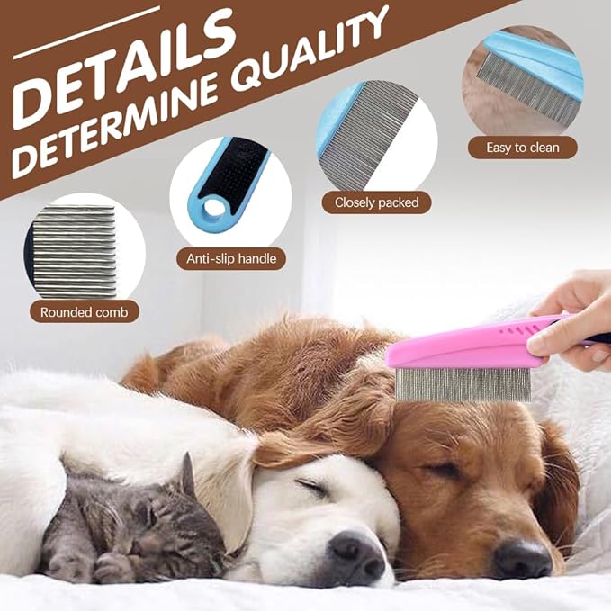 Flea Comb with Rubber Handle, 2025 Upgraded Fine Tooth Dandruff Comb for Dogs & Cats, Fine Tooth Dog Combs for Grooming (Blue)