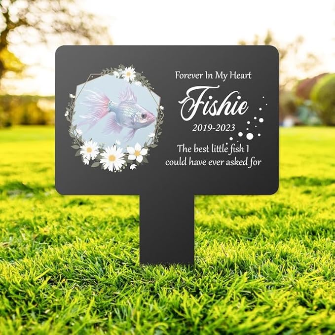 Personalized Fish Memorial Stake Custom Photo Floral Little Fish Metal 8x8 inch Pet Grave Marker Pet Loss Gift Sympathy Gift (Style 21)