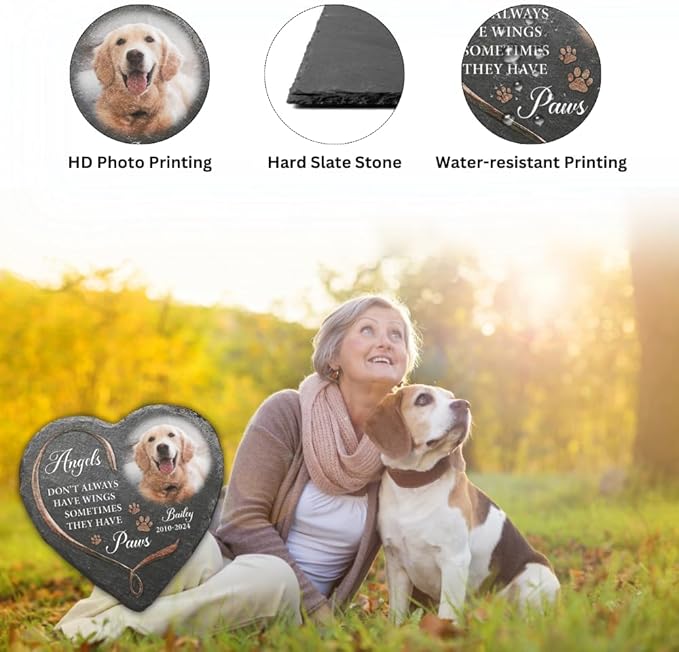 Wrappiness Pet Memorial Stone - Angels Sometimes Have Paws, Personalized Dog Memorial Gifts, Remembrance Condolences Bereavement Gifts for Loss of Pet Custom Photo (Heart 02, Stone with Stand)