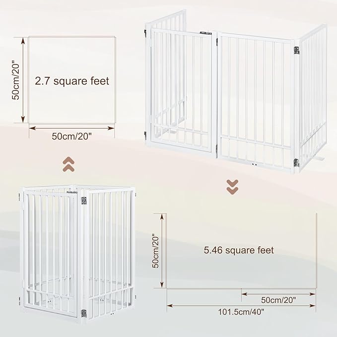 Metal Freestanding Dog Gate with Door, Extra Wide 81", 31" Height Foldable Dog Gates for Doorways, Tall Pet Fence Indoor Outdoor Pet Gates, 4 Panels Pet Barrier for Stairs Hallways, White