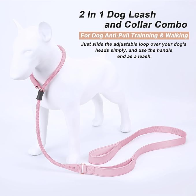 Slip Lead Dog Leash, Soft Leather Dog Training Leash with Double Handle, Heavy Duty Nylon Dog Lead Slip Lead and Collar, No Pull Walk for Medium Large Small Dogs 6ft Pink