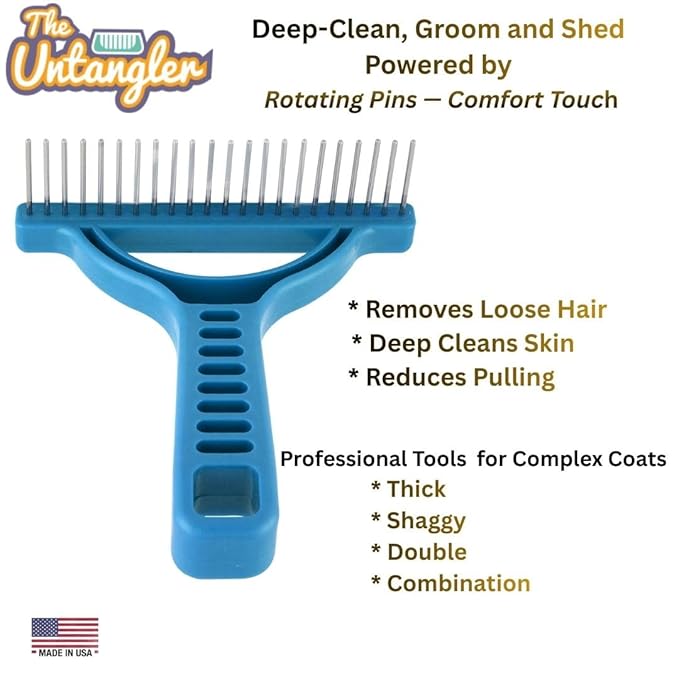 The Untangler Grooming Rake with Extra Long 1.25" silky smooth 360 degree rotating teeth to easily collect loose hair and groom(Blue)