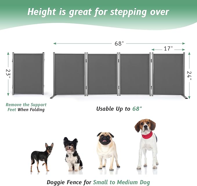 RANTILA 4 Panel Indoor Foldable Dog Fence Freestanding Dog Gate for Stairs, Hallways, or Doorways for Small Dogs- 68 X 24 Inch, Grey, Need Assembly
