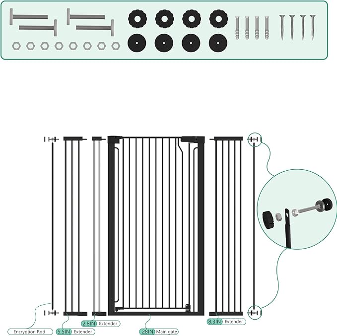 51" Extra Tall Cat Gate for Doorway Auto Close Encrypted Cat Gate 30"-49.27" Adjustable Width Pet Gate Include 5.5" and 8.26" Extension Kits No Drilling Pressure Mount Kit