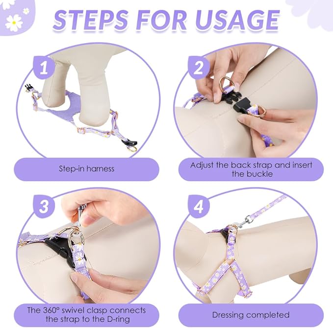 SlowTon Dog Harness Small Sized Dog - Soft XXS Dog Harness and Leash Set No Pull No Chock, Adjustable Lightweight Puppy Harness for XS Small Medium Dogs Cats (Purple Dasiy, M)