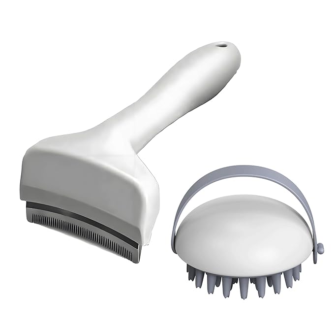 2 Pack Pet Grooming Set, Short Teeth Stainless Steel Deshedding Brush for Short-Haired Dogs and Soft Silicone Circular Bath Brush, Efficient Fur Removal and Gentle Cleaning (White, Large)