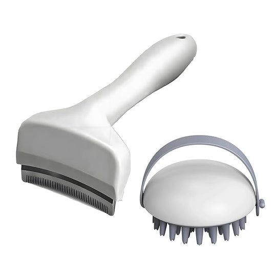 2 Pack Pet Grooming Set, Short Teeth Stainless Steel Deshedding Brush for Short-Haired Dogs and Soft Silicone Circular Bath Brush, Efficient Fur Removal and Gentle Cleaning (White, Large)