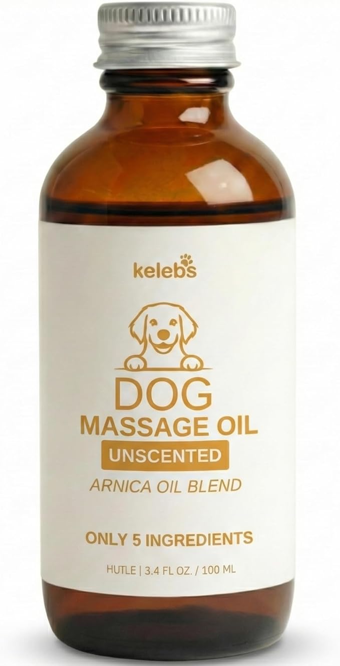 KELEBS Dog Arnica Massage Oil | Pain Relief for Muscles, Arthritis, Hips, and Joints | for Active & Senior Dogs | Organic Arnica-Infused Oil Blend – Only 5 Ingredients | Glass Bottle