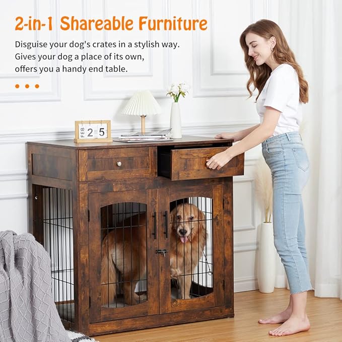 Dog Crate Furniture with Double Drawers, Wooden End Table Dog Kennel, Furniture Style Wood House Crate for Large Dogs, Decorative Dog Crate with Storage for Large Breed, 40 Inch Retro