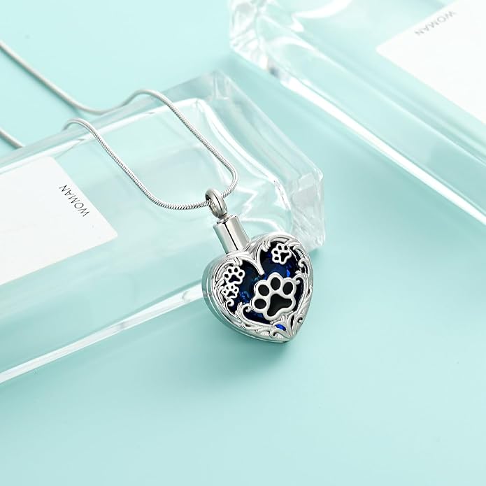 Heart Urn Necklace For Ashes Birthstone Pet Memorial Jewelry Dog Paw Print Cremation Pendant Stainless Steel Keepsake Gift For Pet Lovers