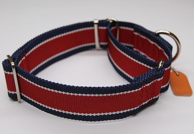 Martingale Collar 1.5 Inch Wide 1600D Extra Strong Anti Escape Nylon Dog Collar, No Pull Heavy Duty Pet Collars with 3-Color Stripe for Medium to Large Dogs (L, Red & Navy Blue)
