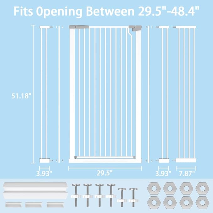 51.18" Extra Tall Pet Cat Gate for Doorway 29.5"-48.4" Wide Auto Close Tall Dog Gate No Drilling Pressure Mounted for Hallway Kitchen,White