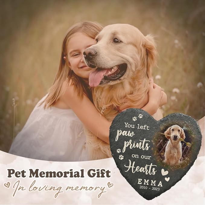 Sympathy Pet Bereavement Heart Shaped Stone with Dog Paw Print, Custom Plaque to Decor for Cemetery, Memorialize Your Furry Loved Ones, Thoughtful Gifts for Cat Lovers at The Loss