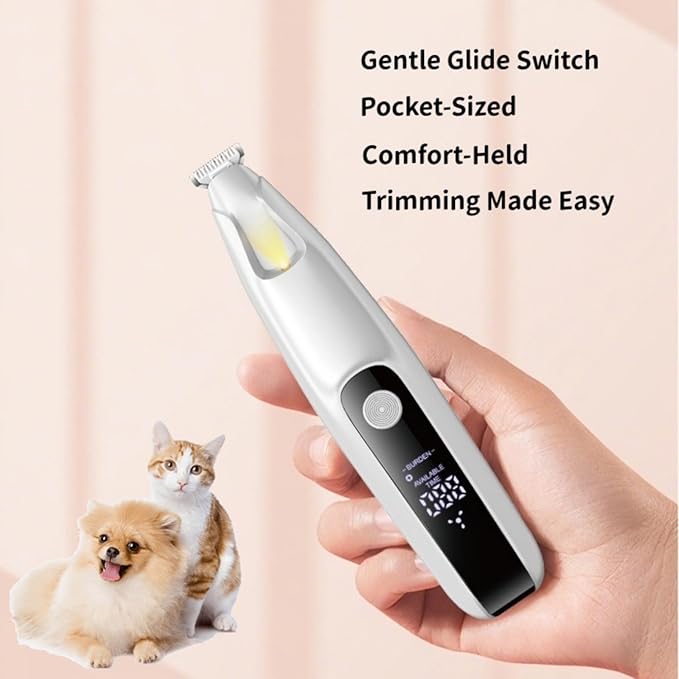 Ultra-Low Noise Dog Paw Trimmer,18mm Wide Blade Paw Groomer with LED Light,USB Rechargeable Paw Shaver with LED Display for Dogs and Cats White