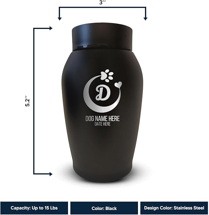 Personalized Custom Small Keepsake Urn Engraved with Pet Name, Date, and Dog Design - 5.2" Black Powder Coated Steel Cremation Urn for Dogs Ashes | 12-16 lb Capacity, Crescent Paw and Heart
