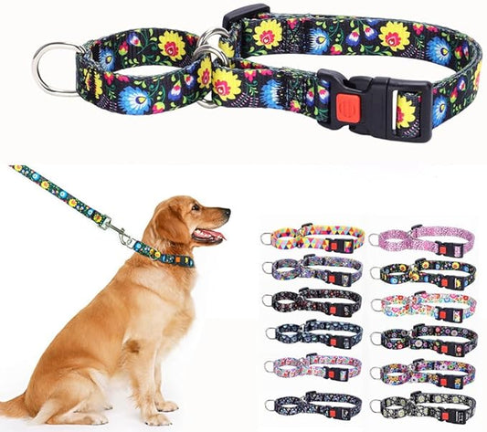 No Pull Dog Collar, No Slip Escape Proof Limited Choke Pinch Pet Martingale Collars Quick Release Buckle with Lock for Small Medium Large Breed Dogs, Bromeliad Black S