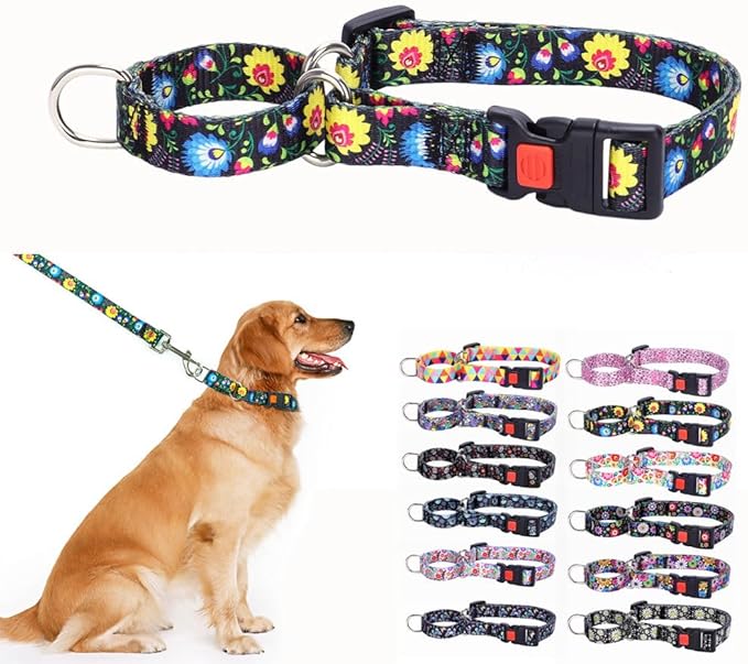 No Pull Dog Collar, No Slip Escape Proof Limited Choke Pinch Pet Martingale Collars Quick Release Buckle with Lock for Small Medium Large Breed Dogs, Bromeliad Black M