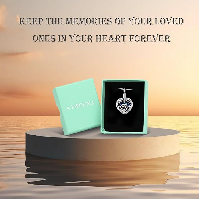 Heart Urn Necklace For Ashes Birthstone Pet Memorial Jewelry Dog Paw Print Cremation Pendant Stainless Steel Keepsake Gift For Pet Lovers