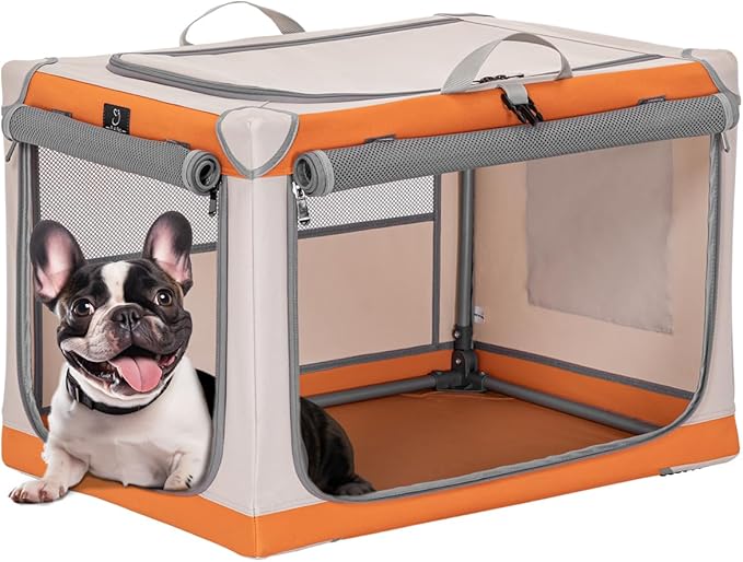 26" Collapsible Dog Crate for Small Dogs - Portable Soft Travel Kennel with Lockable Zippers, Waterproof Base, Washable Cover, Patented Screw Frame for Adjustable Tension, Outdoor, Indoor, Car Use