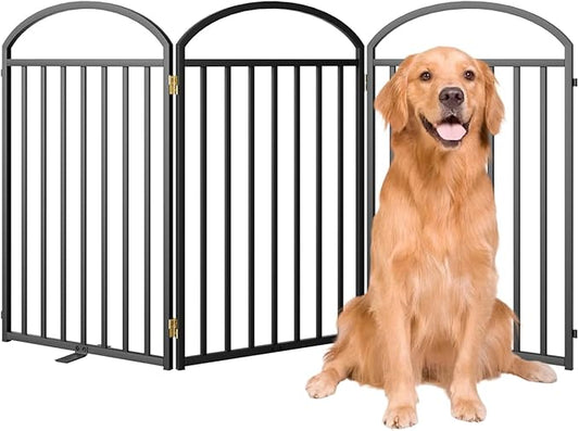 3 Panels Full Matel Freestanding Dog Gates, 72" Extra Wide 32" Tall Free Standing Dog Pet Gate for Indoor & Outdoor. Foldable Pet Fences for Doorways, House, Stairs, Porch, Deck, Yard