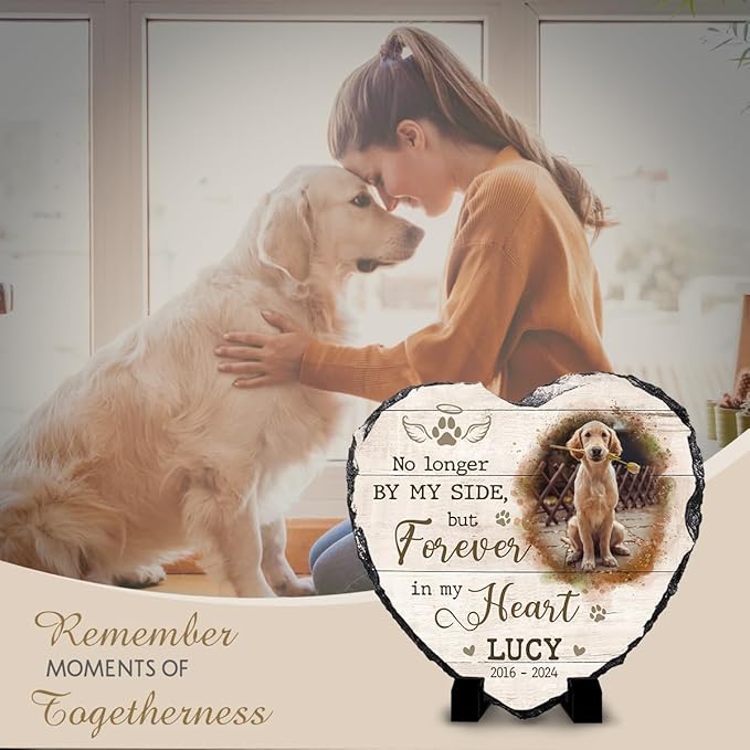 Personalized Memorial Gifts - Heart Shaped Stone with Dog Paw Prints and Cat Tribute - Selective Quotations, Picture Frame Gift for Pet Lovers to Decor Home and Table