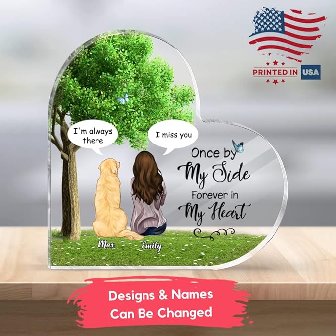 Gossby Personalized Heart-shaped Dog Memorial Acrylic Plaque - Custom Dog Remembrance Gift For Dog Mom With Design, Name - Dog Memorial Gift For Women Dog Lover - Forever In My Heart - Girl And 1 Dog