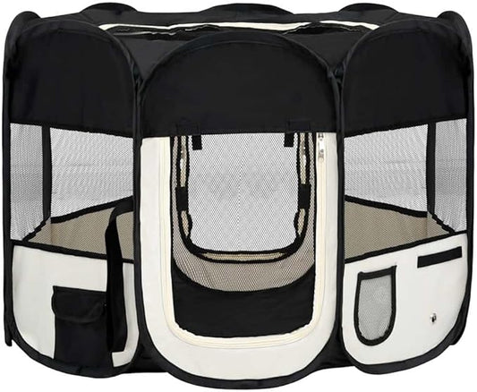 vidaXL Dog Playpen Black and Cream Polyester, Steel 35.4x35.4x22.8 in