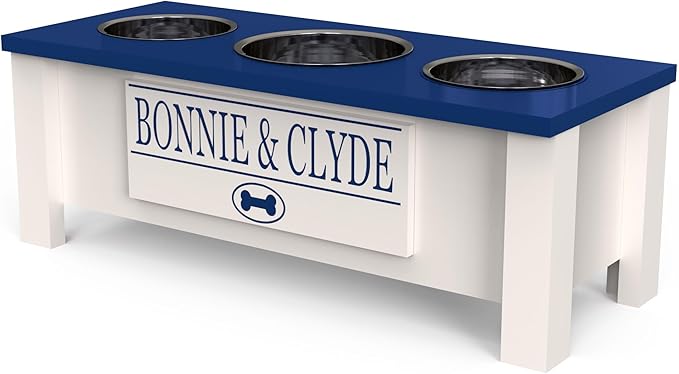 GTW Elevated 3 Bowl Dog Feeding Station - Customized Triple Stand for Medium Size Dog Breeds - Includes Storage & Stainless Steel Bowls (Medium, Blue)