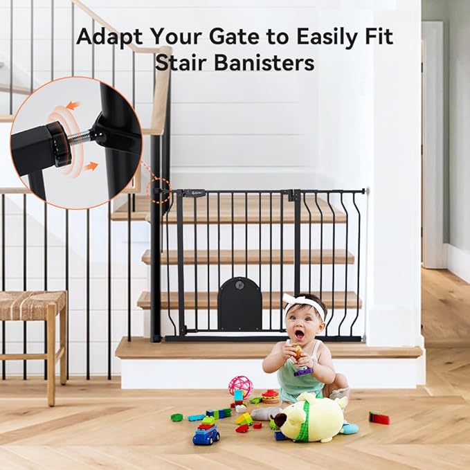 COMOMY 29.5-43.7" Baby Gate with Adjustable Cat Door,Extra Wide Metal Cat Gate for Stairs Doorways, Auto Close Dog Gate with Pet Door for House, Pressure Mounted Easy Walk Through (30" Tall, Black)