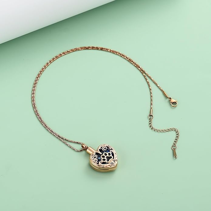 Heart Urn Necklace For Ashes Birthstone Pet Memorial Jewelry Dog Paw Print Cremation Pendant Stainless Steel Keepsake Gift For Pet Lovers