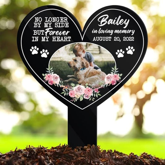 Personalized Dog Memorial Stake Custom Dog Cat Photo No Longer By My Side Floral Metal 12x12 inch Pet Grave Marker Dog Loss Gift Sympathy Gift for Dog Lover (Style 19)