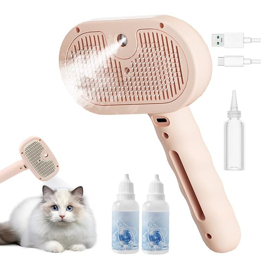 3 in 1 Pet Grooming Brush with Fine Mist Spray, Deshedding Tool for Dogs & Cats, Hair Removal Grooming Tool for Long Short Hair Pets (Pink)