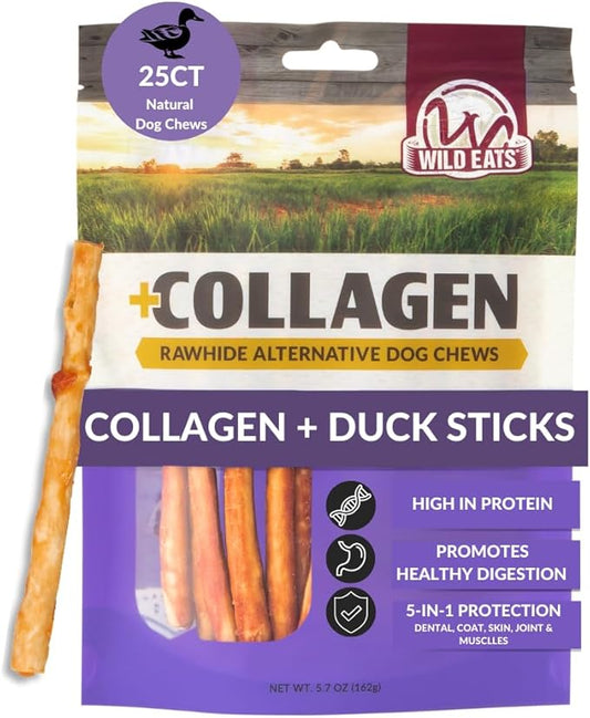 Wild Eats Real Duck Collagen Bully Sticks for Dogs (25 Pack,5 Inch) Long Lasting Dog Chews No Hide Dog Treat Bully Stick Alternative, Rawhide Free, Grain Free, High Protein