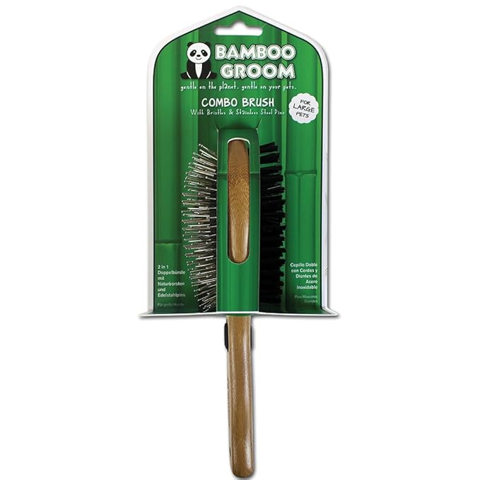 Bamboo Groom Combo Brush with Bristles & Stainless Steel Pins for Pets, Large