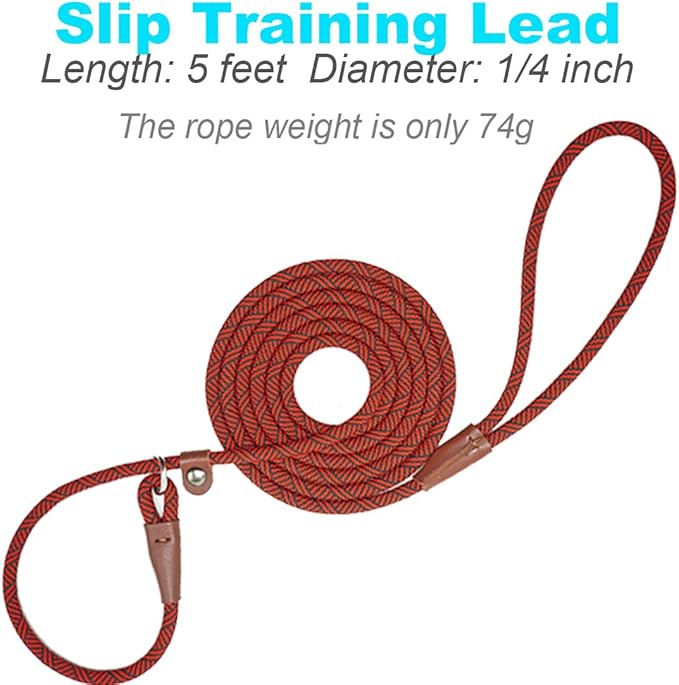 Slip Lead Dog Leash, 1/4" x 5ft No Pull Slip-on Training Leash for Small and Medium Dogs (Red)