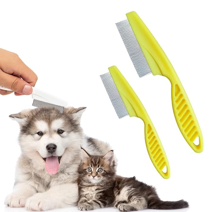 Multifunctional Pet Hair Comb, Multifunctional Pet Grooming Brush Flea and Tear Stain Removal, Fine-Tooth Stainless Grooming Comb Stainless for Small Dogs Puppies (Yellow)
