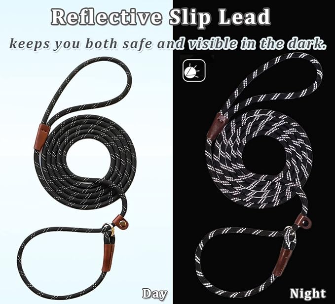 WYUZE 2-Pack 8ft Slip Leads for Dogs No Pull, Reflective Pet Behavior Training Lead, 1/3" Nylon Rope Slip Control Leash for Small Medium Dogs, Black+Pink