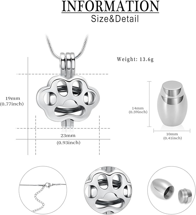 Pet Cremation Jewelry for Ashes Paw Memorial Locket Urn Necklace Keepsake Cremation Jewelry for Dog/Cat (Silver)