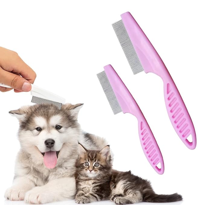 Multifunctional Pet Hair Comb, Multifunctional Pet Grooming Brush Flea and Tear Stain Removal, Fine-Tooth Stainless Grooming Comb Stainless for Small Dogs Puppies (Pink)