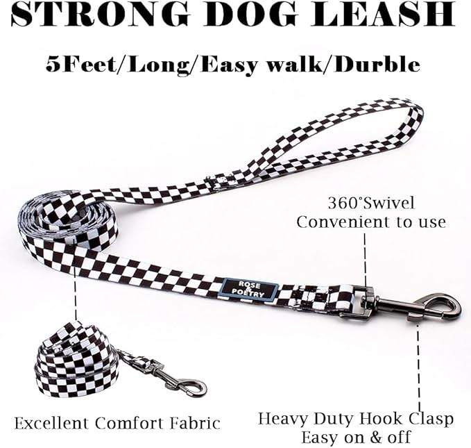 Roses&Poetry Dog Collar and Leash for Extra Small,Adjustable Durable 5ft Puppy Leash Collar for Dog Training Lead（Black & White-XS）