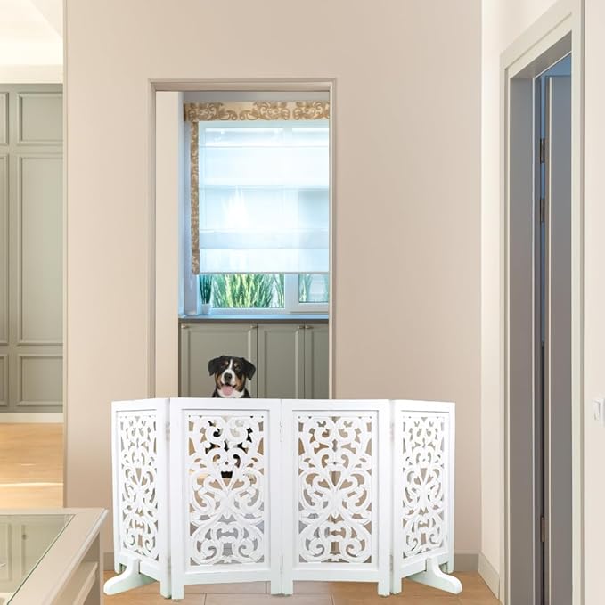 Decorative Wooden Pet Gate, Dog Fence, Cat Gate, Foldable, Adjustable, Portable, Extra-Wide, Wooden Dog Barrier, Free-Standing Puppy Gate 4 Panels for Indoor, Doorways, Stairs-26x52 Inch White Antique