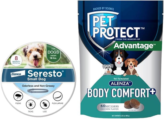 Bundle of Seresto Small Dog Under 18 lbs | Collar + Pet Protect Body Comfort+ Supplement for Dogs 60 Chews