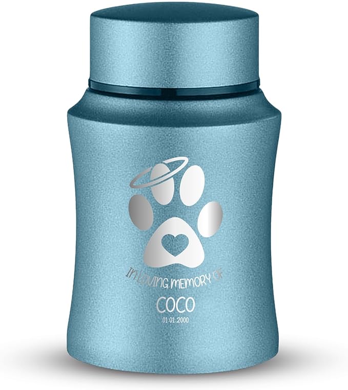 Customized Small Keepsake Urn Personalized Engraved with Pet Name, Date, and Dog Design - 4" Steel Cremation Mini Compact Urn for Dogs Ashes | 5–10 Lbs Capacity | Powder Blue, Paw Heart and Halo