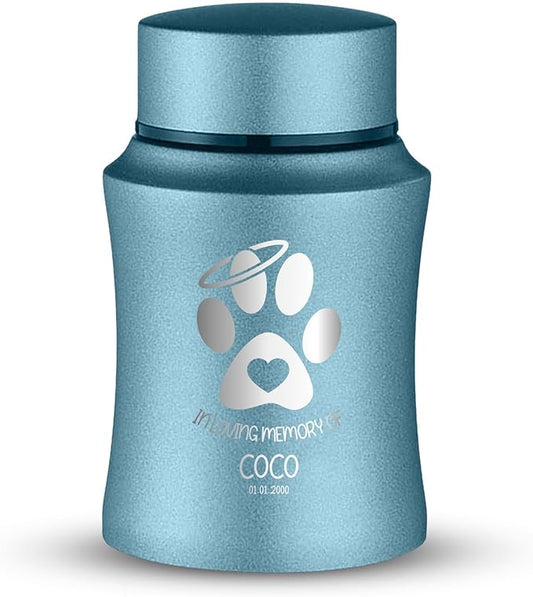 Customized Small Keepsake Urn Personalized Engraved with Pet Name, Date, and Dog Design - 4" Steel Cremation Mini Compact Urn for Dogs Ashes | 5–10 Lbs Capacity | Powder Blue, Paw Heart and Halo