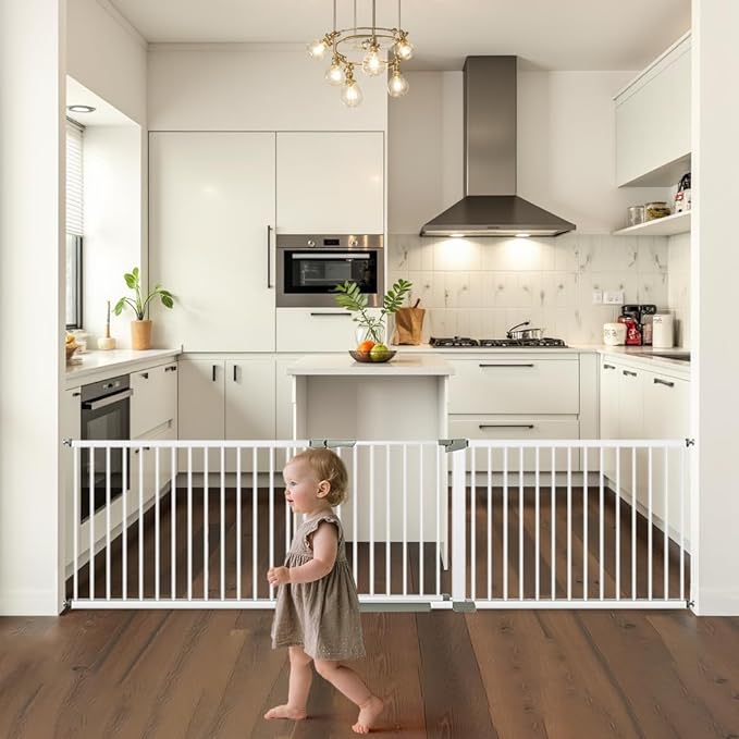 (85-113 inch Width) Extra Wide Baby Gate Extra Long, Large Dog Gate Indoor, Child Proof Gate, Kiddie Gates, Baby Gate for Doorways. White, Dog Gates for The House. Pressure Mount Pet Gate.