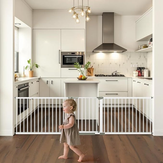 (85-113 inch Width) Extra Wide Baby Gate Extra Long, Large Dog Gate Indoor, Child Proof Gate, Kiddie Gates, Baby Gate for Doorways. White, Dog Gates for The House. Pressure Mount Pet Gate.