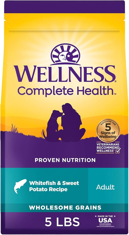 Wellness Complete Health Dry Dog Food, Wholesome Grains, Natural, Whitefish & Sweet Potato, (5-Pound Bag)