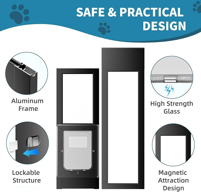 Dog Door for Sliding Glass Door, Magnetic Plastic Flap, Adjustable Height, No-Cut Insert with Lock, Ideal for Renters, Apartments, Patio Black L
