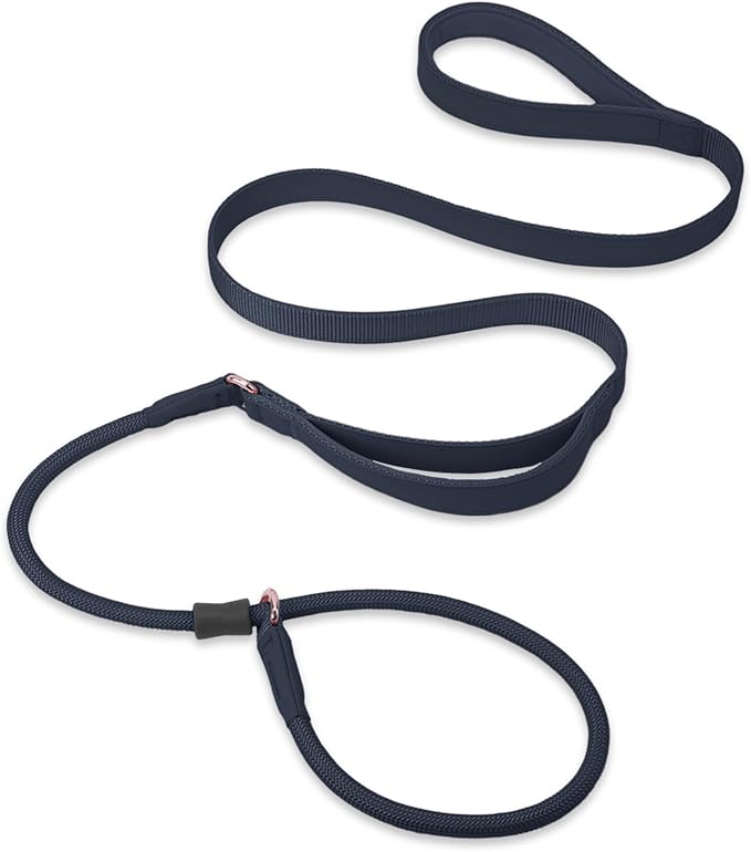 Slip Lead Dog Leash, Soft Leather Dog Training Leash with Double Handle, Heavy Duty Nylon Dog Lead Slip Lead and Collar, No Pull Walk for Medium Large Small Dogs 6ft Black