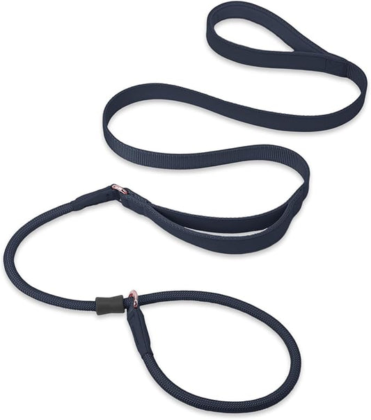 Slip Lead Dog Leash, Soft Leather Dog Training Leash with Double Handle, Heavy Duty Nylon Dog Lead Slip Lead and Collar, No Pull Walk for Medium Large Small Dogs 6ft Black